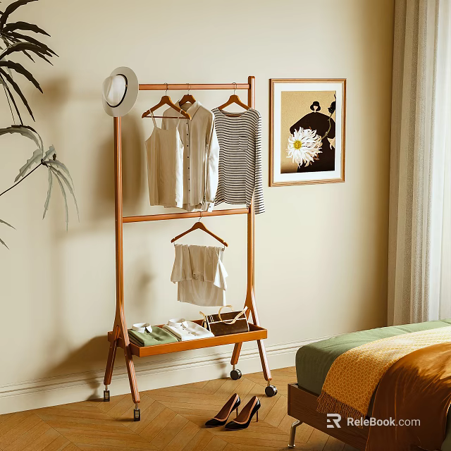 Wooden Clothes Rack with Hanging Shirts Striped Top Hat and Folded Clothes on Lower Shelf 3d model 