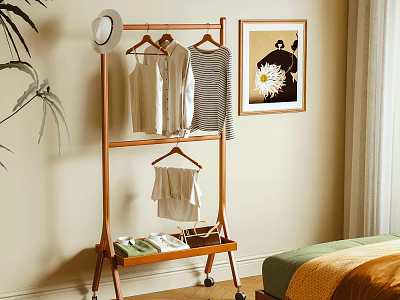 Wooden Clothes Rack with Hanging Shirts Striped Top Hat and Folded Clothes on Lower Shelf 3d model