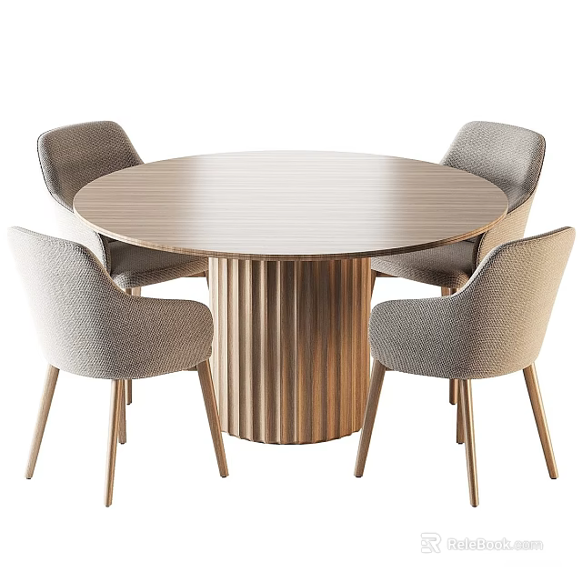 Wooden Round Dining Table Set With Upholstered Four Chairs And Fluted Pedestal Base 3d model 