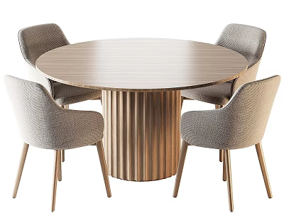 Wooden Round Dining Table Set With Upholstered Four Chairs And Fluted Pedestal Base 3d model