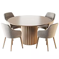 Wooden Round Dining Table Set With Upholstered Four Chairs And Fluted Pedestal Base