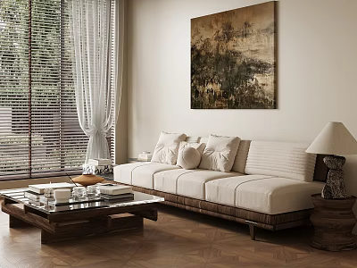 Modern Living Room Interior Design With Beige Sofa Wooden Coffee Table And Abstract Painting 3d model