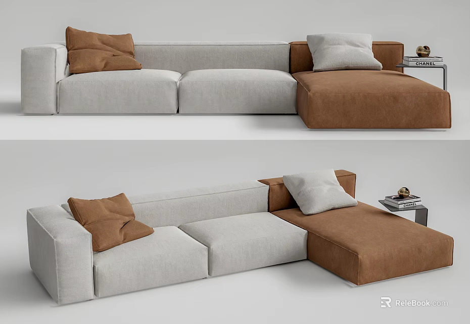 Light Gray And Brown Sectional Sofa With Cushions And Side Table Decor 3d model 