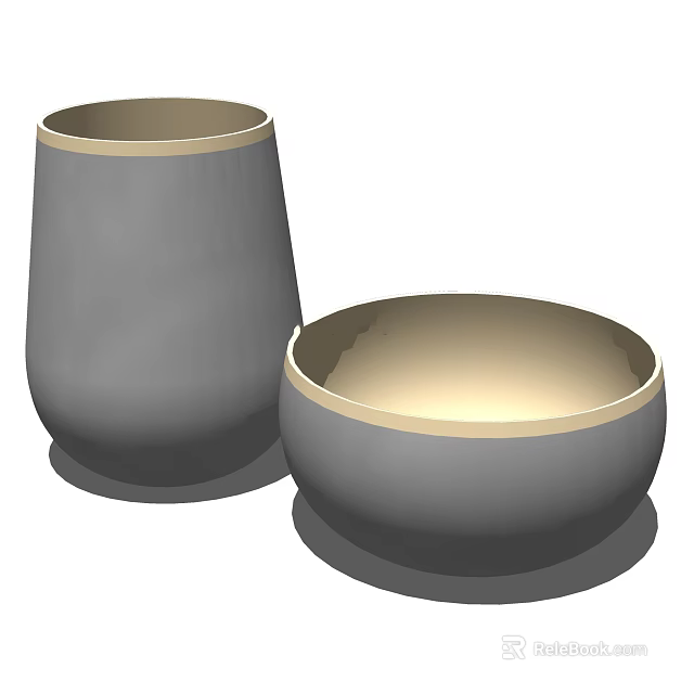 Modern Dinnerware Set with Grey Cup and Bowl Featuring Gold Rimmed Design 3d model 