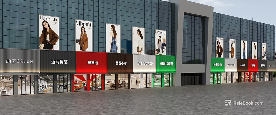 Modern Shopping Mall Exterior Featuring Glass Facade And Diverse Retail Shops 3d model 