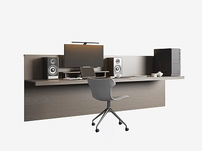 Modern Wooden Desk Setup With Computer Monitor Laptop Speakers And Desk Lamp Gray Office Chair 3d model