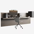 Modern Wooden Desk Setup With Computer Monitor Laptop Speakers And Desk Lamp Gray Office Chair