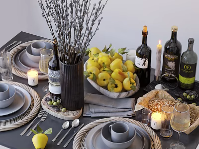Modern Tableware Set Featuring Gray Plates Cups Utensils Fruits Wine Bottles Candles and Decorative Branches 3d model