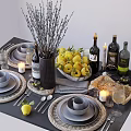 Modern Tableware Set Featuring Gray Plates Cups Utensils Fruits Wine Bottles Candles and Decorative Branches