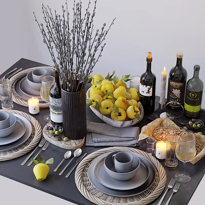 Modern Tableware Set Featuring Gray Plates Cups Utensils Fruits Wine Bottles Candles and Decorative Branches 3d model
