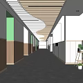 Modern Elevator Corridor Interior With Wavy Wooden Ceiling White Walls Green Decor Windows And Plants