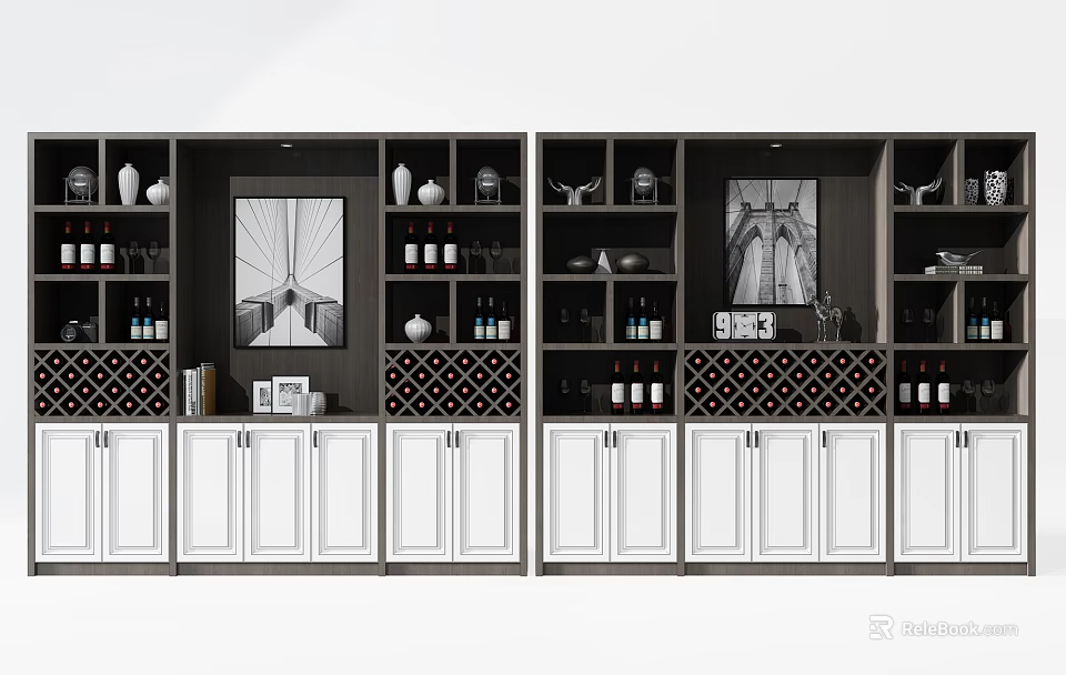 Modern Wine Cabinet With Wine Bottles Glasses Artwork And Decorative Shelves 3d model 