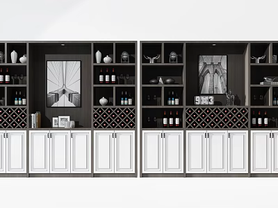 Modern Wine Cabinet With Wine Bottles Glasses Artwork And Decorative Shelves 3d model