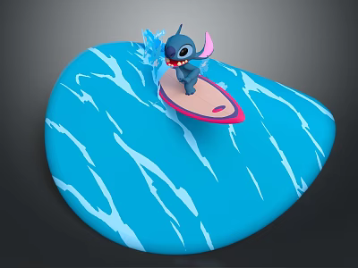 Playful Stitch Character Surfing On Blue Waves With Pink Surfboard And Splashes 3d model