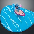 Playful Stitch Character Surfing On Blue Waves With Pink Surfboard And Splashes