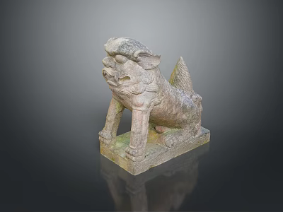 Traditional Stone Lion Statue With Ancient Carved Details Standing On Square Base 3d model