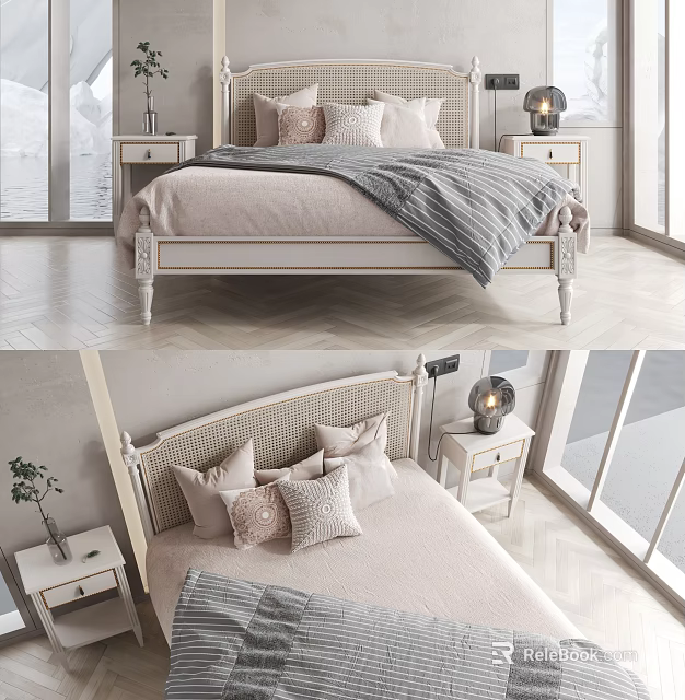 Minimalist Double Bed With Woven Headboard Bedside Tables Table Lamps Decorative Pillows And Striped Blanket 3d model 