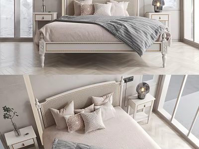 Minimalist Double Bed With Woven Headboard Bedside Tables Table Lamps Decorative Pillows And Striped Blanket 3d model