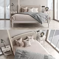 Minimalist Double Bed With Woven Headboard Bedside Tables Table Lamps Decorative Pillows And Striped Blanket