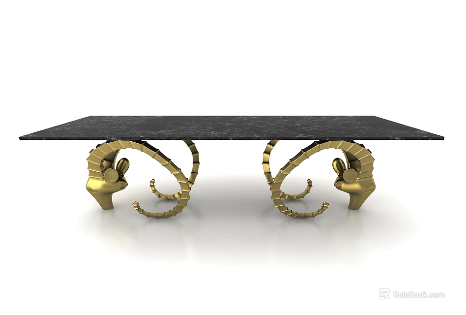 Luxurious Dining Table With Black Marble Top And Golden Seahorse Shaped Legs Design 3d model 