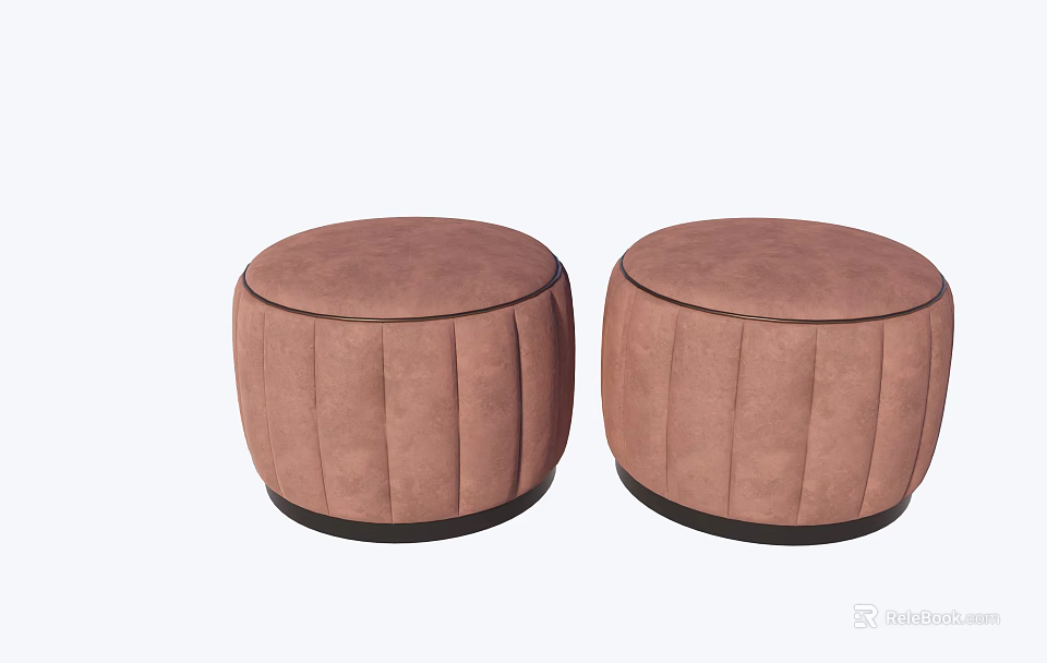 Pair of Pink Round Ottoman Stools with Pleated Velvet Fabric and Dark Wooden Base 3d model 
