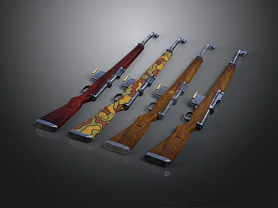 Four Vintage Rifles With Wooden Stocks Different Patterns And Metal Parts Arranged 3d model