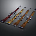 Four Vintage Rifles With Wooden Stocks Different Patterns And Metal Parts Arranged