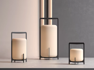 Three Modern Outdoor Lamps With Black Frames And White Shades In Different Sizes 3d model