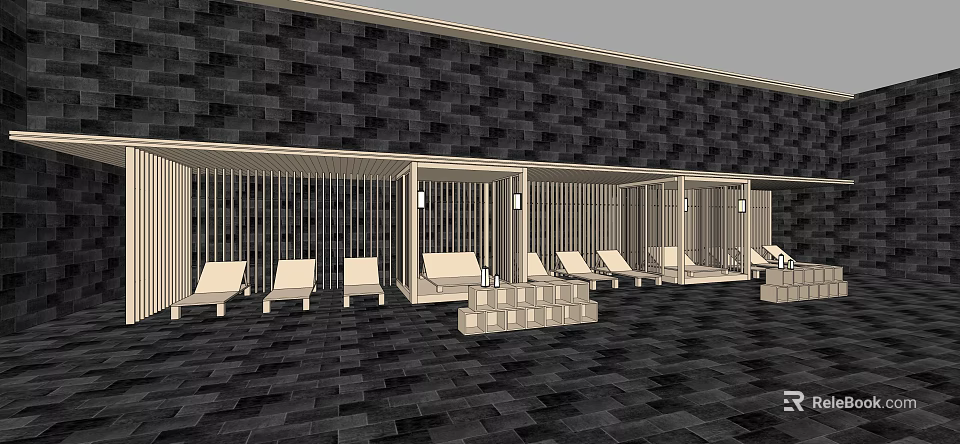 Modern Slatted Pergola With White Lounge Chairs And Dark Stone Wall 3d model 