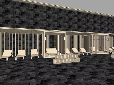 Modern Slatted Pergola With White Lounge Chairs And Dark Stone Wall 3d model