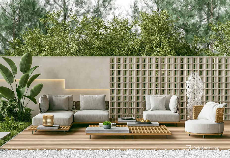 Modern Outdoor Sofa with Green Plants on Wooden Deck and Cozy Patio Design 3d model 