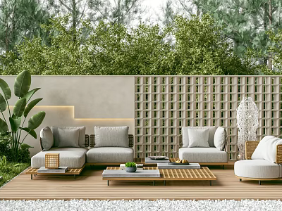Modern Outdoor Sofa with Green Plants on Wooden Deck and Cozy Patio Design 3d model