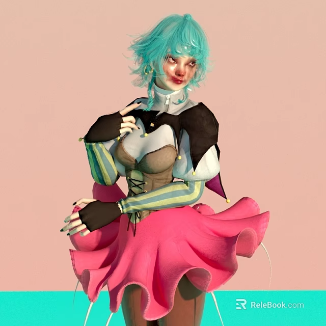 Woman With Turquoise Hair In Black White Top And Pink Skirt Against Pink Background 3d model 