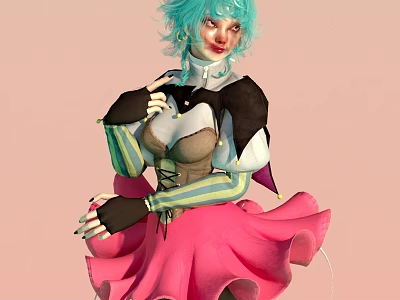 Woman With Turquoise Hair In Black White Top And Pink Skirt Against Pink Background 3d model