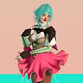 Woman With Turquoise Hair In Black White Top And Pink Skirt Against Pink Background
