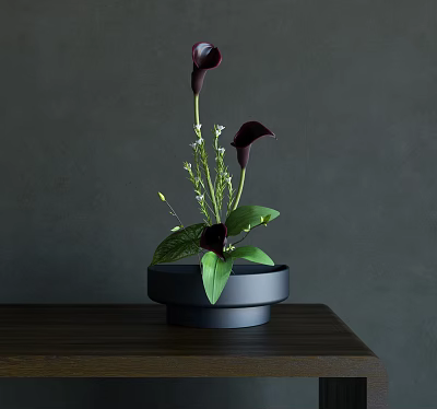 Decorative Ornament Set with Black Pot Dark Purple Calla Lilies Green Leaves and White Flowers 3d model