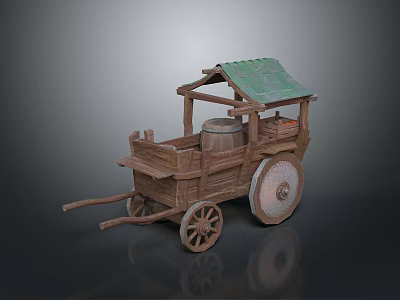 Traditional Wooden Cart With Green Roof Wooden Barrel And Large Wheels 3d model