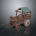 Traditional Wooden Cart With Green Roof Wooden Barrel And Large Wheels