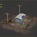 Small Outdoor Shed With White Roof And Telephone Poles Near Buckets On Dirt Ground