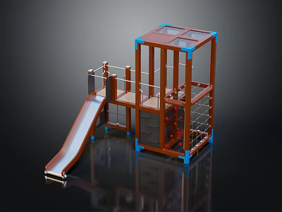 Brown Blue Kids Playground Equipment With Slide Climbing Net Safety Railings And Platforms 3d model