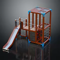 Brown Blue Kids Playground Equipment With Slide Climbing Net Safety Railings And Platforms