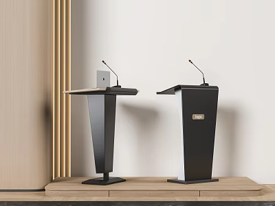 Two Black Podiums With Microphones On Light Wall And Wooden Decor 3d model