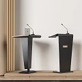 Two Black Podiums With Microphones On Light Wall And Wooden Decor