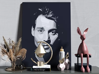 Decorative Ornament Set with Portrait Painting Gold Geometric Ornament Pink Rabbit Figurine and Dried Flowers 3d model