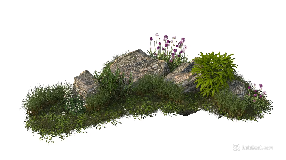 Lush Green Shrubs With Rocks And Purple Flowers In Garden Landscape 3d model 