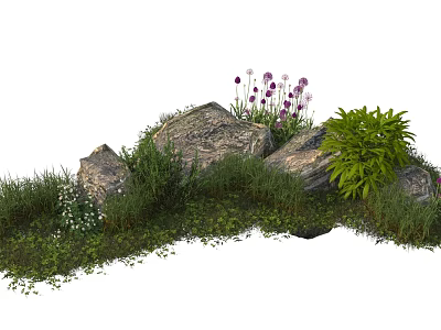 Lush Green Shrubs With Rocks And Purple Flowers In Garden Landscape 3d model