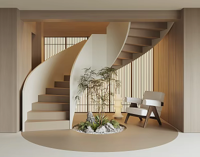 Spiral Staircase With Wooden Elements Central Plant Stones And Side Chair In Modern Interior 3d model