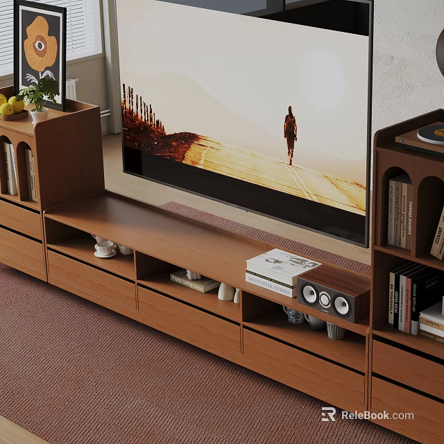 Modern Wooden TV Stand With Bookshelves Speakers Books And Decorations In Living Room 3d model 