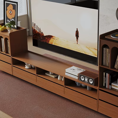 Modern Wooden TV Stand With Bookshelves Speakers Books And Decorations In Living Room 3d model