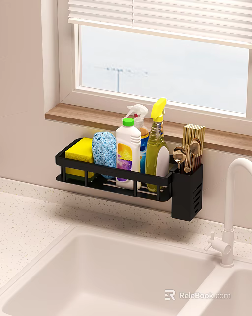Wall Mounted Kitchen Storage Rack With Cleaning Supplies And Sponge Near Sink 3d model 